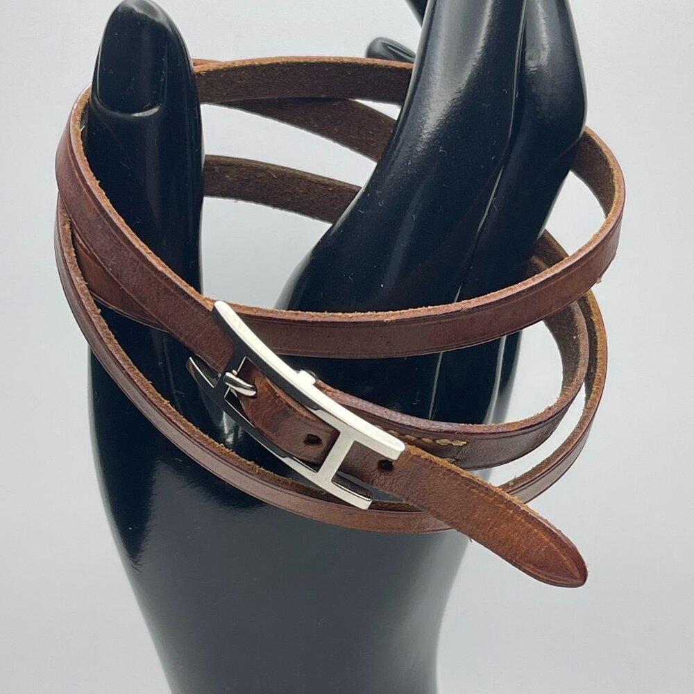 Hermès Vintage Hapi 4 Tours Leather Bracelet w/ Palladium Plated Buckle-Preowned
